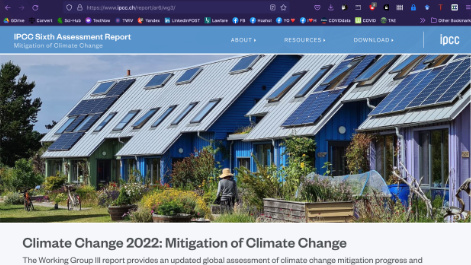 peaksurfer's tweet photo. 1/2 The first thing you notice about the new IPCC report is that the cover is an ecovillage. Superinsulated cohousing apartments adjoin each other, topped with solar PV panels and water heaters, each with an enclosed subspace/greenhouse fronted by a family garden, rain barrels... https://t.co/B6zOJimcAa