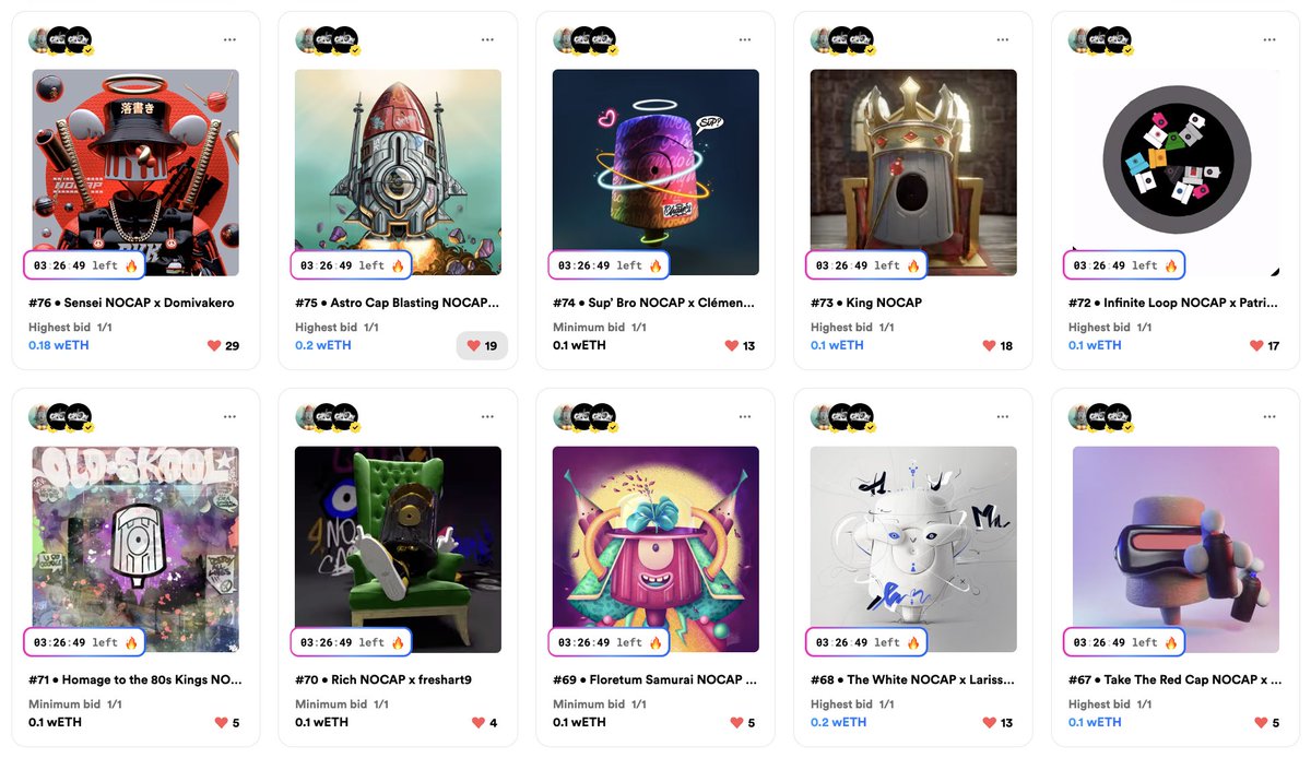 Just over 3 hours til the end of the auction! Some NoCaps are already contested but 4 amazing artists have yet to receive their 1st bid👀 
rarible.com/n0cap/items?fi…
<a href="/DOMIVAKERO/">Domivakero</a> <a href="/Pablo_5k/">Pablo5k ⚡ 🤖⁉️</a> <a href="/clementchaye/">Clément Chayé</a> @patrick_aere <a href="/Mael_Maxime/">Mael & Max</a> <a href="/freshart9/">FreshART ࠆ</a> <a href="/JimboBernaus/">Jimbo Bernaus</a> <a href="/novemberkind/">Larissa Honsek</a> <a href="/DrQuantillion/">Quantillion</a>