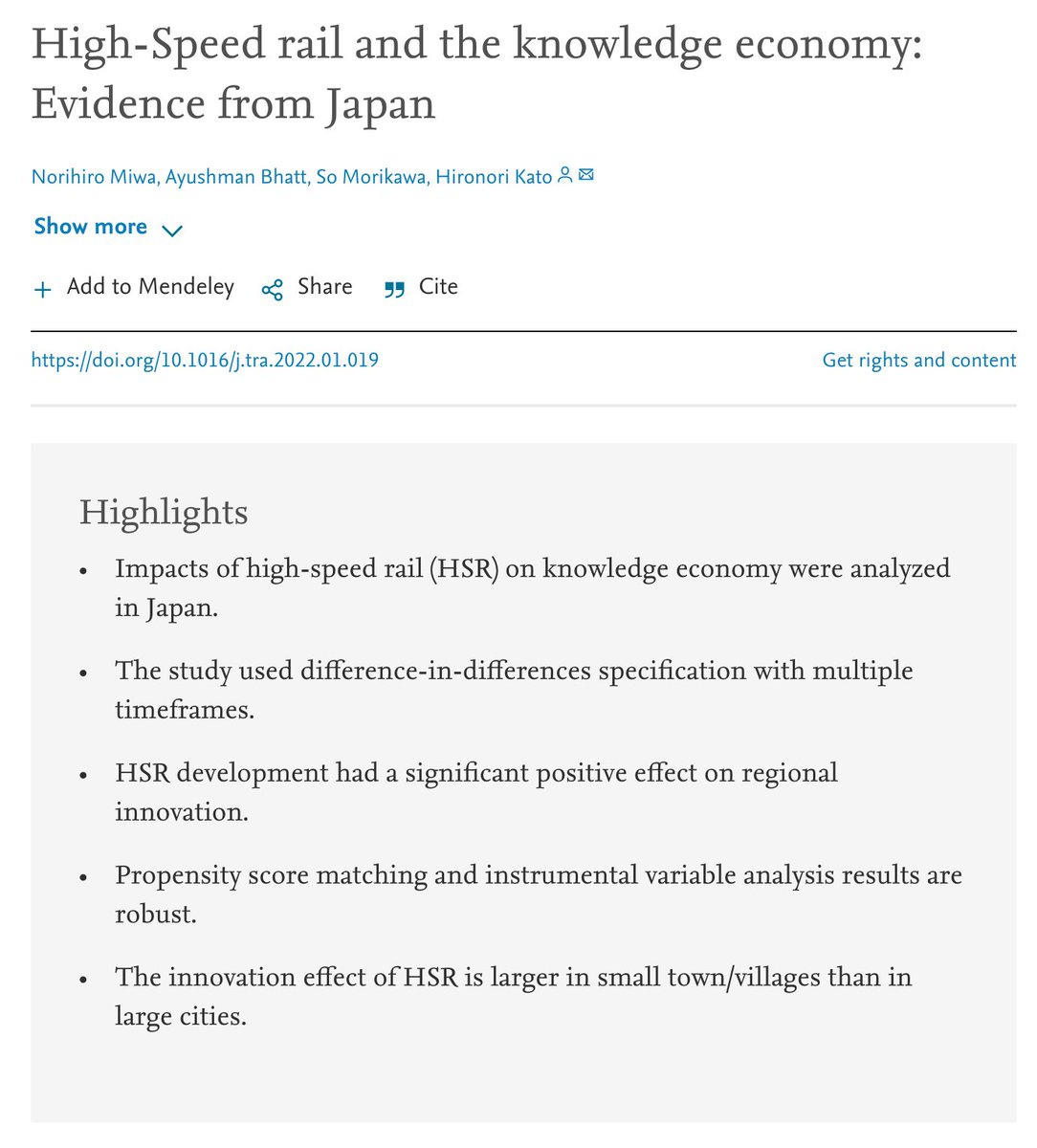Miwa, Norihiro, Ayushman Bhatt, So Morikawa, and Hironori Kato. “High-Speed Rail and the Knowledge Economy: Evidence from Japan.” Transportation Research Part A: Policy and Practice, February 23, 2022. 
https://t.co/rOnoSM0vCX. https://t.co/yq2GHGckfe