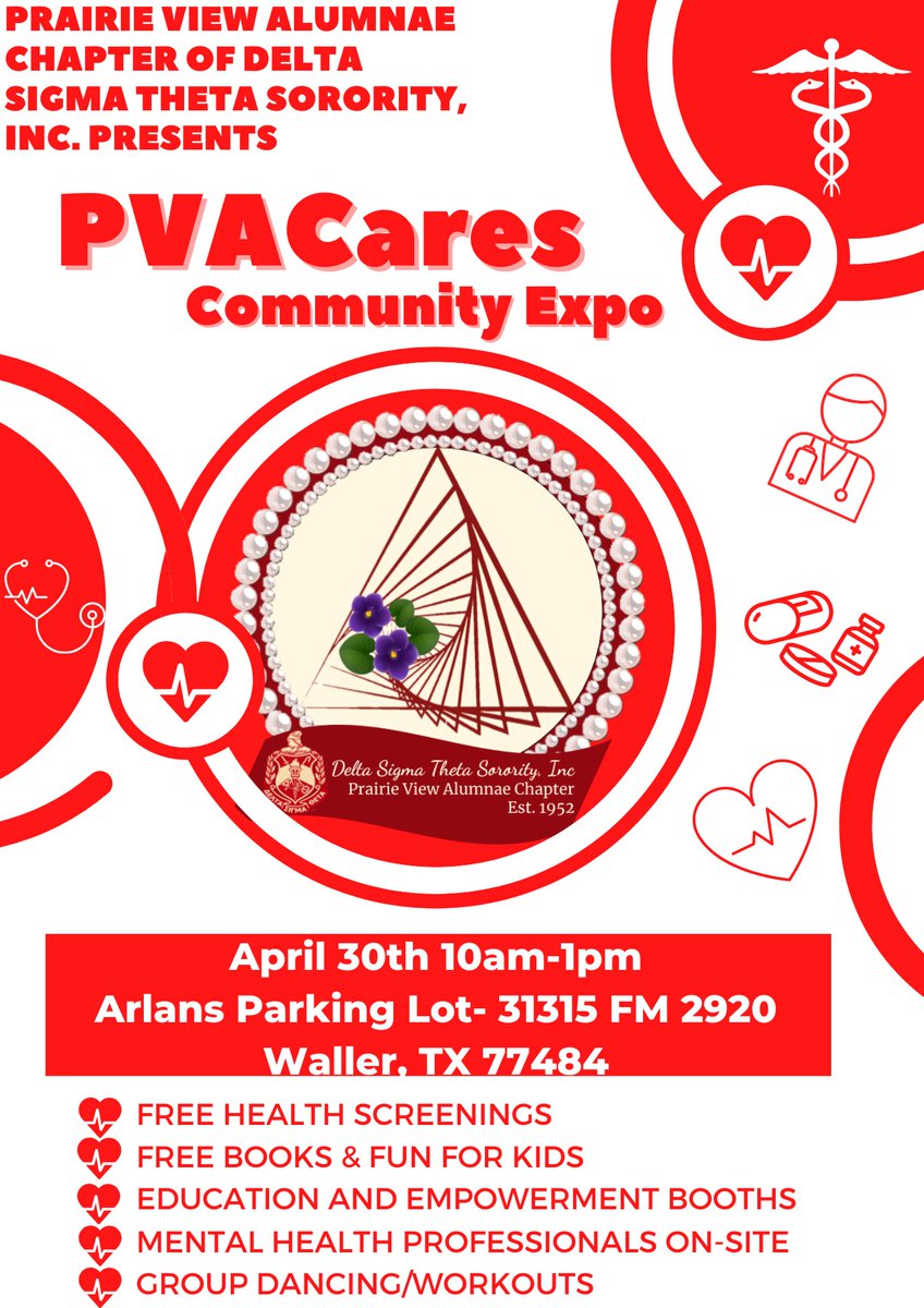 pvadst's tweet photo. April 30, 2022 Prairie View Alumnae Chapter  will host its free annual PVACares Community Expo. #PVACDST #PVAC #DST1913 https://t.co/Kfo4Pka5sn