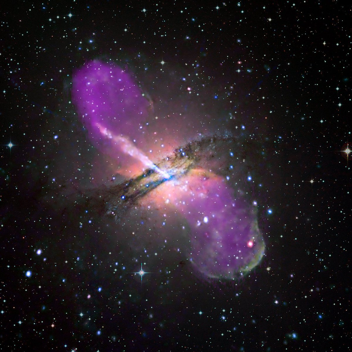 SpaceAstronomer's tweet photo. Chandra is studying the active supermassive #BlackHole in Centaurus A. A combination of X-ray, optical &amp; radio light, this image shows opposing jets of high-energy particles extending to the outer reaches of the galaxy. Numerous smaller black holes are present. RT @chandraxray https://t.co/T8mxvxcKiX