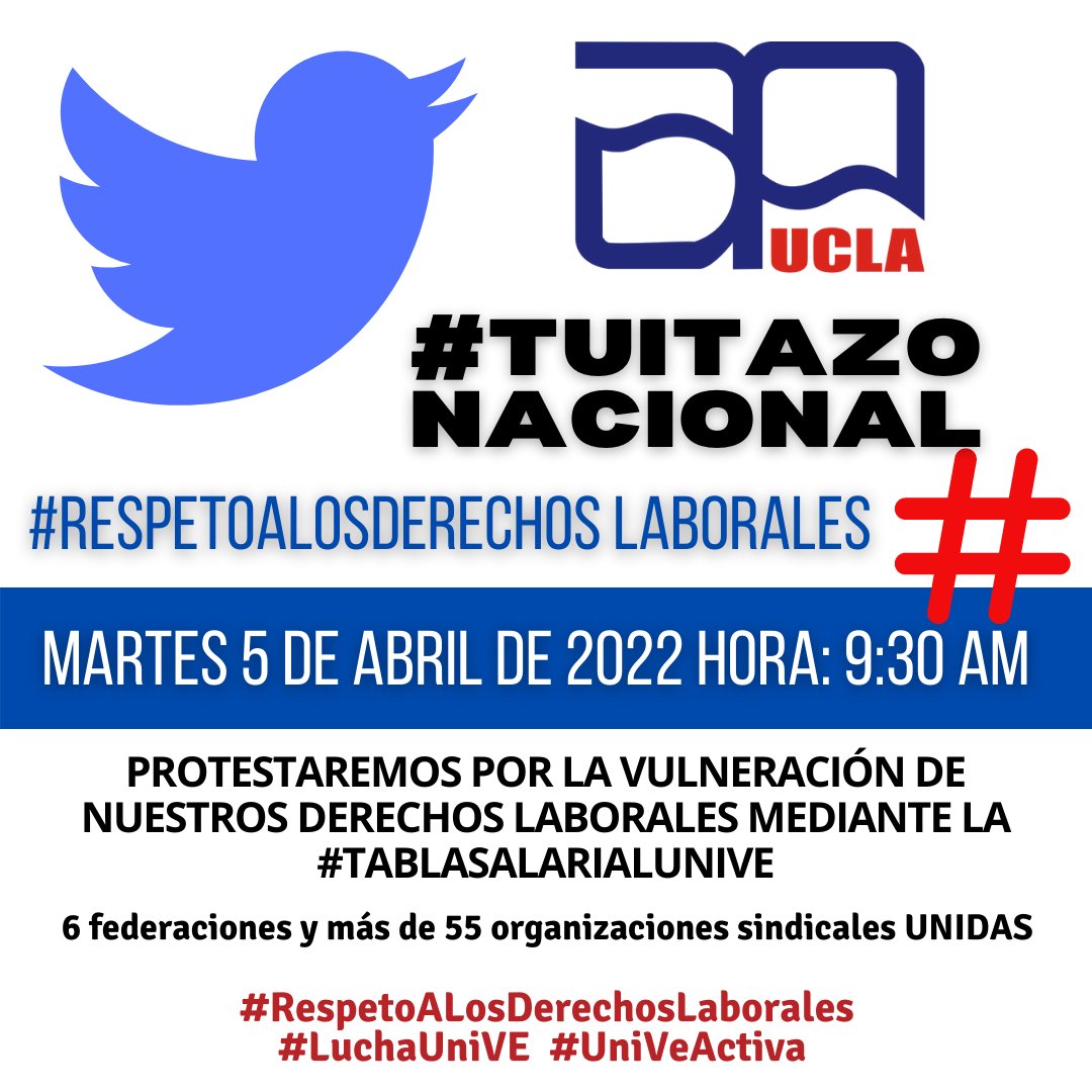 apuclagremio's tweet photo. GRAN TUITAZO NACIONAL UNIVERSITARIO Este #5Abr participan en ek TUITAZO en rechazo a las violaciones de nuestros dererechos laborales por parte del gobierno al desmejorar los beneficios ya adquiridos en luchas gremiales #respetoalosderechoslaborales https://t.co/T35DNkubin