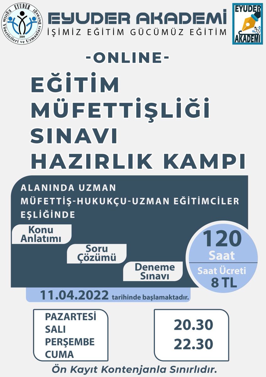 eyuder's tweet photo. 📣Müfettiş Yardımcılığı Yarışma sınavı kılavuzu yayınlandı. 26.06.2022  tarihli sınava EYUDER AKADEMİ farkıyla hazırlanmak ister misiniz?
Eğitim Müfettişliği Sınavı Hazırlık Kampı
Katılmak İçin lütfen formu doldurup kaydınızı tamamlayınız. 👇
https://t.co/TNJfGtKO6N https://t.co/MZpL8zPHfB