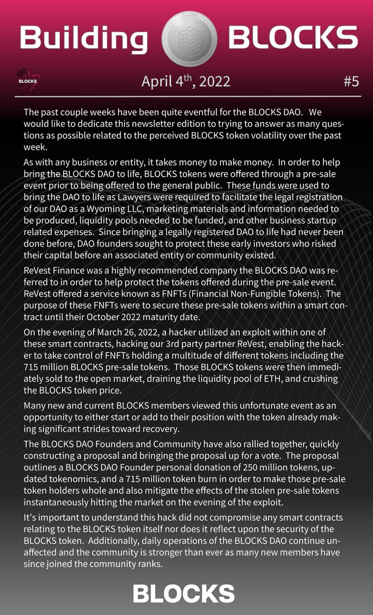 BLOCKS_DAO's tweet photo. @BLOCKS_DAO continues to fight in the face of adversity!

This situation should show exactly how strong the DAO is. This challenge would destroy most projects, but the community has rallied around it.

With the recent passed proposal, a remedy is in place &amp; we have moved forward! https://t.co/vBvPFOadSH