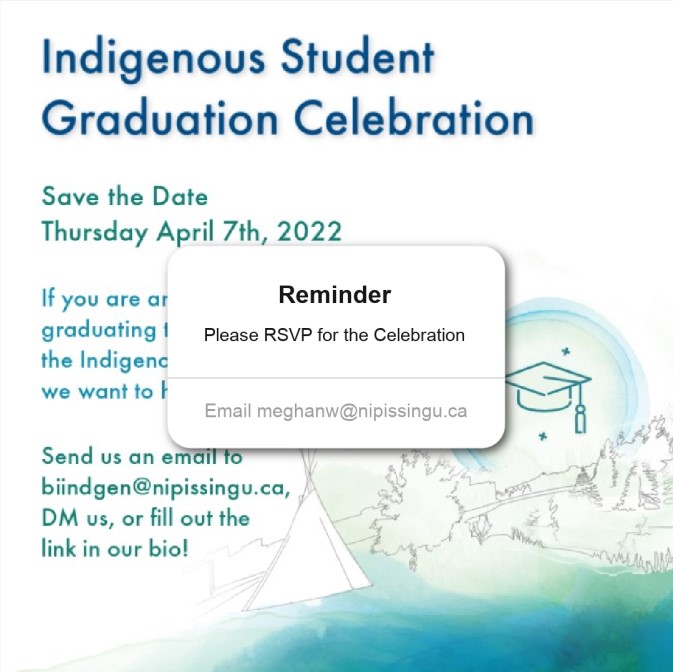 IndigenousNU's tweet photo. As the semester is coming to end, we are planning a luncheon to celebrate IFP graduates along with all of NU’s Indigenous Graduates! 

If you are graduating and would like to attend, please DM us or email meghanw@nipissingu.ca. https://t.co/rCANkG90IC