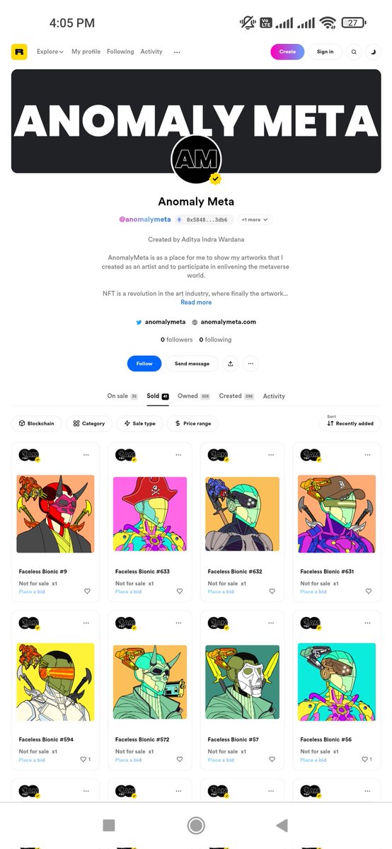 anomalymeta's tweet photo. Drumroll..... #AnomalyMeta just got #verified by Rarible! 🎉
one of the biggest #NFTmarketplace right now. 🚀
. 
#Rarible has implemented a polygon network into its marketplace, and now you can sell and buy #facelessbionic on Rarible marketplace 

https://t.co/3rnPorVcsN

#nft https://t.co/Vk7fqjdAlL