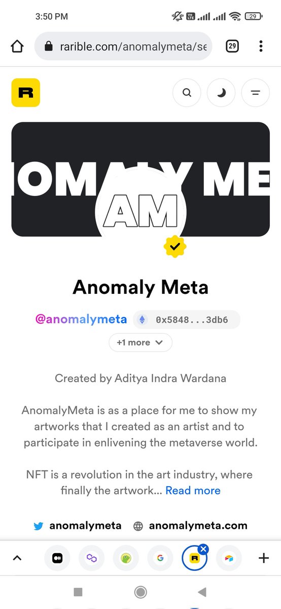 anomalymeta's tweet photo. Drumroll..... #AnomalyMeta just got #verified by Rarible! 🎉
one of the biggest #NFTmarketplace right now. 🚀
. 
#Rarible has implemented a polygon network into its marketplace, and now you can sell and buy #facelessbionic on Rarible marketplace 

https://t.co/3rnPorVcsN

#nft https://t.co/Vk7fqjdAlL