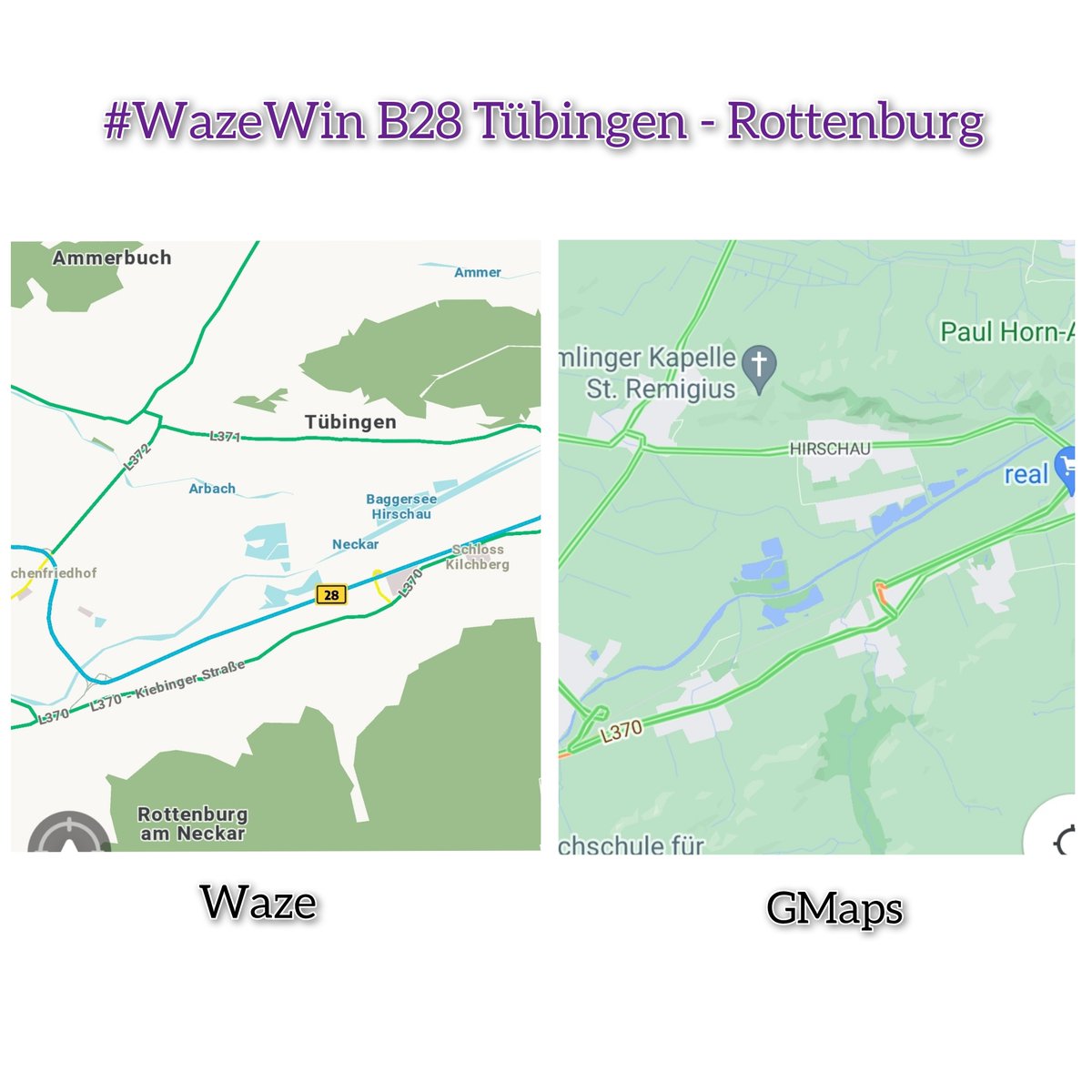 Waze_BW's tweet photo. #WazeWin
#B28 #Tübingen - #Rottenburg
#Waze Vergleich zu #Google #Maps
Seit Freitag routet Waze euch über den #neuen #Abschnitt der B28 zwischen Tübingen und Rottenburg https://t.co/1NiHRe8t8B