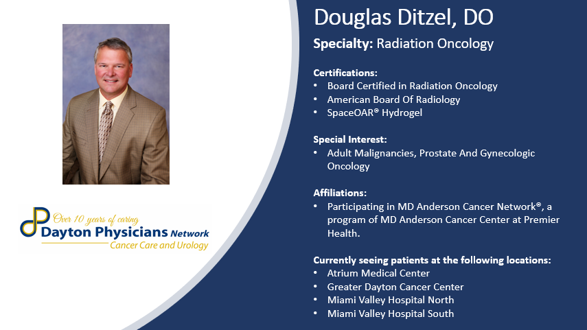 DaytonDPN's tweet photo. Provider Spotlight: Douglas Ditzel, DO

Dr. Ditzel is a Radiation Oncologist with Special Interest in Adult Malignancies, Prostate and Gynecologic Oncology.

#bestexpertise #bestaccess #bestvalue #radiationoncology #cancercare #prostatecancer #gynocologiccancer https://t.co/oYLiIQXRbu