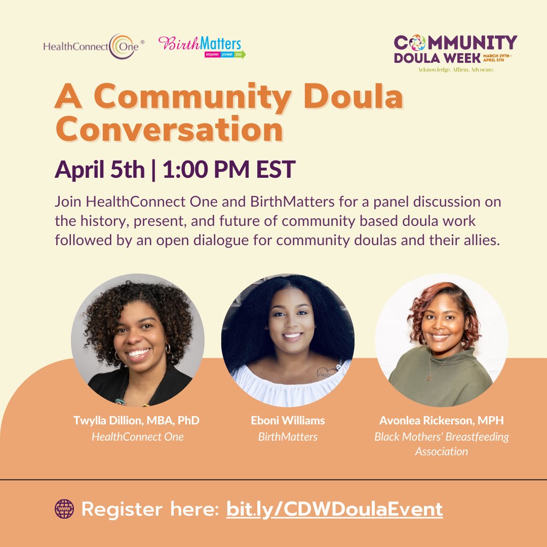 BMBFA's tweet photo. Join @healthconnctone and @birthmatters_sc on April 5 at 1 PM EST as #CommunityDoulaWeek wraps up with a panel discussion on community-based doula work! #BMBFA's Program Manager Avonlea Rickerson will be part of the dialogue. Register here: https://t.co/BV6qQF6dIr 💜
#CDW22 https://t.co/Bx788GT4we