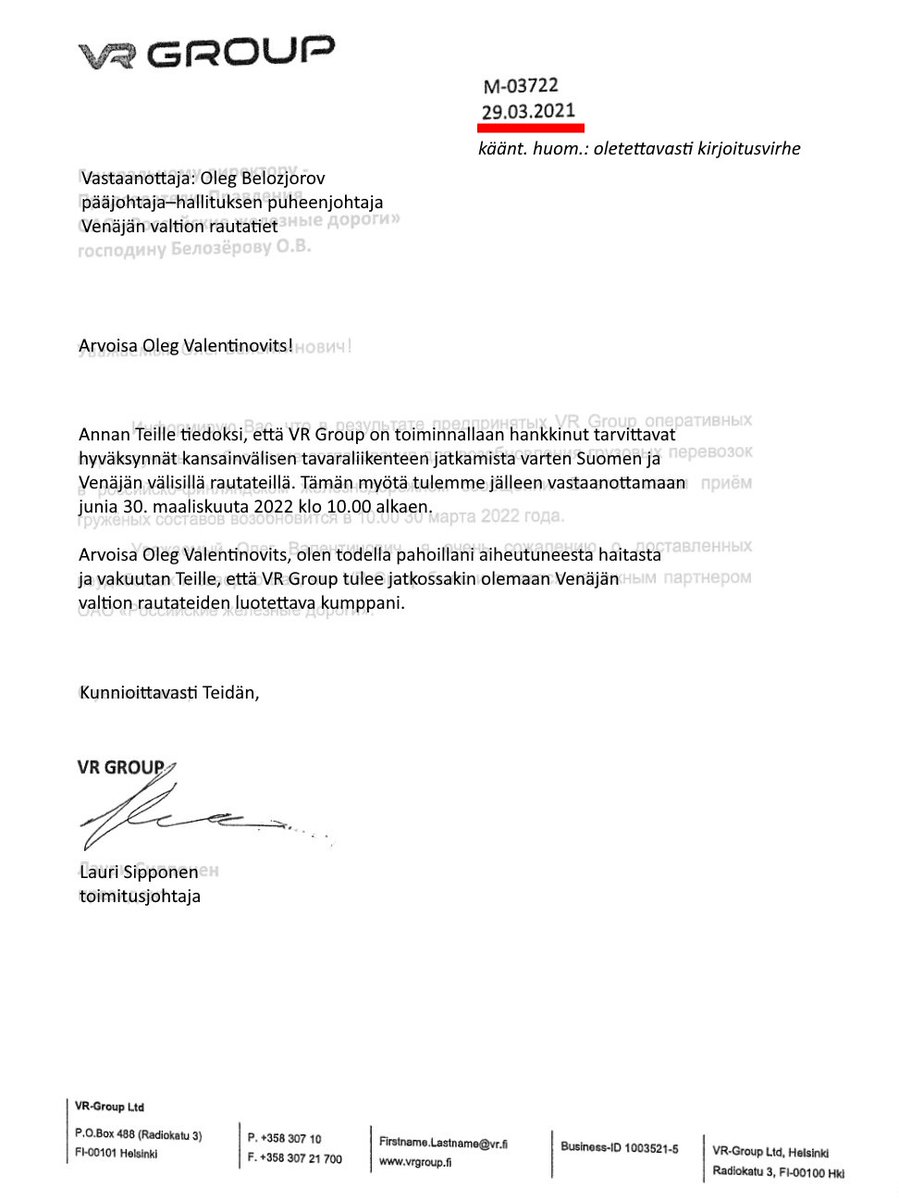 epa_toivo's tweet photo. #VRLeaks #Venäjä Käänsin suomeksi Lauri Sipposen viikon takaisen kirjeen RZD:n pääjohtajalle. Punakynällä merkitsemäni päivämäärän virheellisyys käy ilmi 🇷🇺-kielisestä originaalista, joka puolestaan löytyy tämän twiitin quotesta.
Tuhannet kiitokset, @Ipster_FI & muut anonyymit. https://t.co/YNgbB6Rmdd