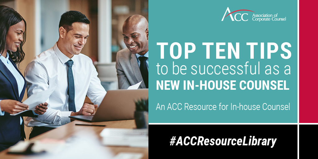 ACCinhouse's tweet photo. Ready for your new job? Check out this resource: Top Ten Tips to be Successful as a New In-House Counsel. https://t.co/PmR6NcTsC3
#inhousecounsel #newtoinhouse
Discover more resources for in-house counsel in the #ACCResourceLibrary https://t.co/PKvCuRXhuj https://t.co/Qg101gjpao