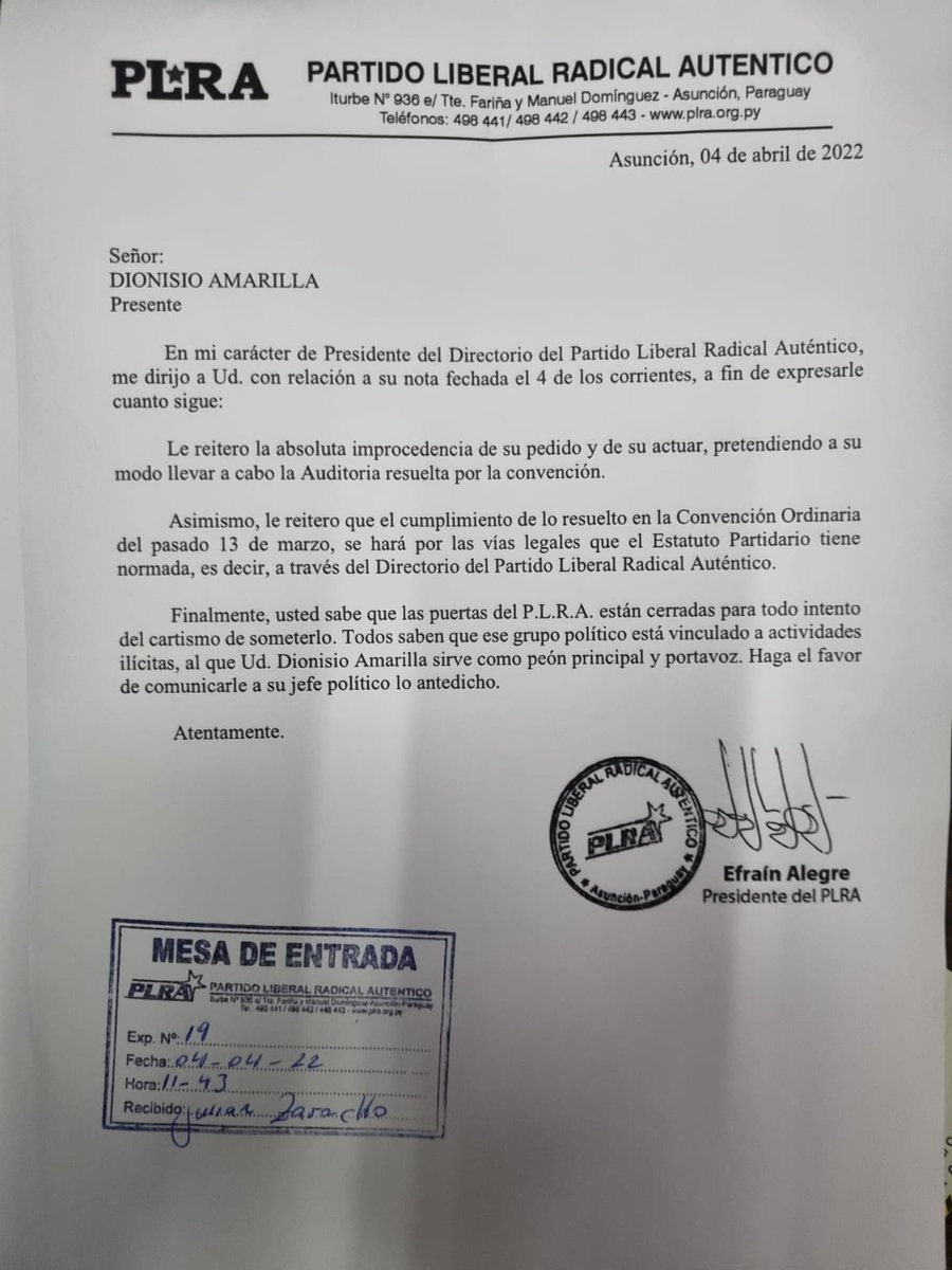 StibenPatron's tweet photo. Respuesta de @EfrainAlegre titular del @PLRAOficial a Dionisio Amarilla. 
C.c.: @Horacio_Cartes https://t.co/lPlv3spdi4