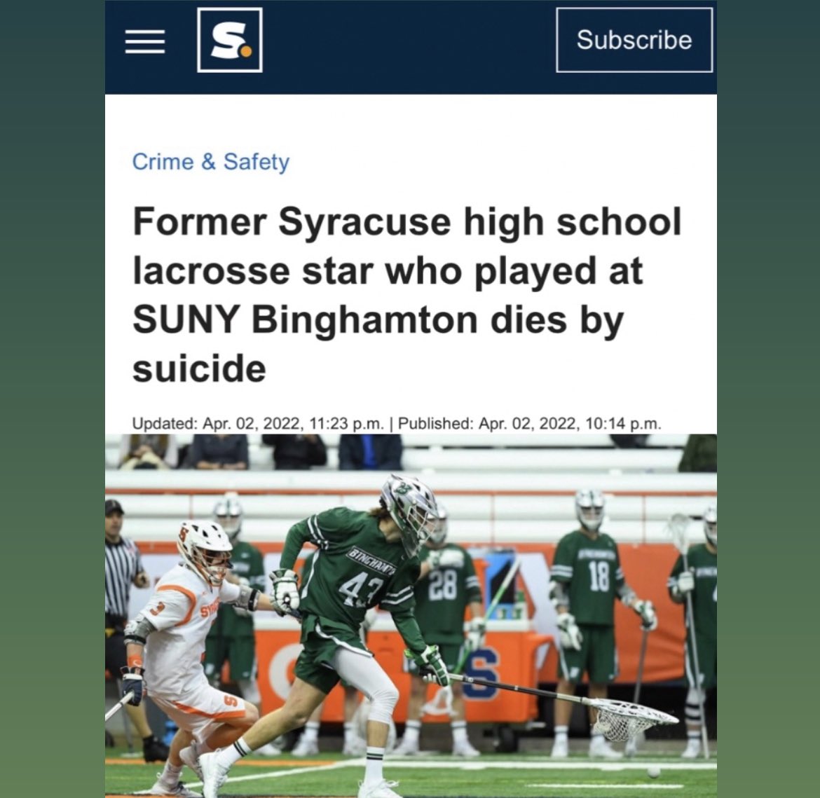 A month ago we lost Stanford D1 national champ goalie Katie Meyer to suicide. Now a month later, we lose lax goalie from D1 Binghamton, Robert Martin, &amp; no media is tying these together. No connection despite the obvious similarities. It’s an epidemic &amp; media needs to do better.
