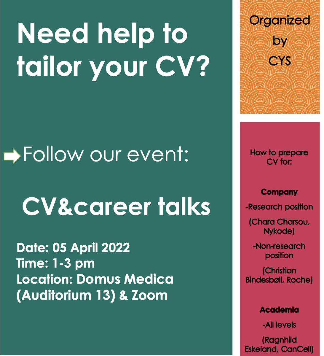 CanCellYoungScientists (@canscientists) on Twitter photo Need help tailoring your CV for academia or company?
->Join <a href="/CanScientists/">CanCellYoungScientists</a> for our next exciting event! Need help tailoring your CV for academia or company?
->Join <a href="/CanScientists/">CanCellYoungScientists</a> for our next exciting event!