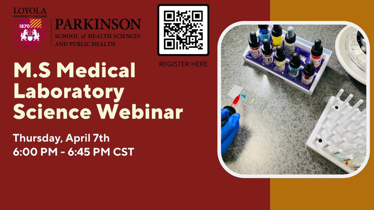 Have you registered for our medical laboratory science webinar on April 7th, 6PM CST?! 🩸🔬🦠

Tune in to learn all about what MLS has to offer by using the QR code below to register or register here at:
gpem.luc.edu/register/?id=6…

#MLS #LabHeroes #Lab4Life