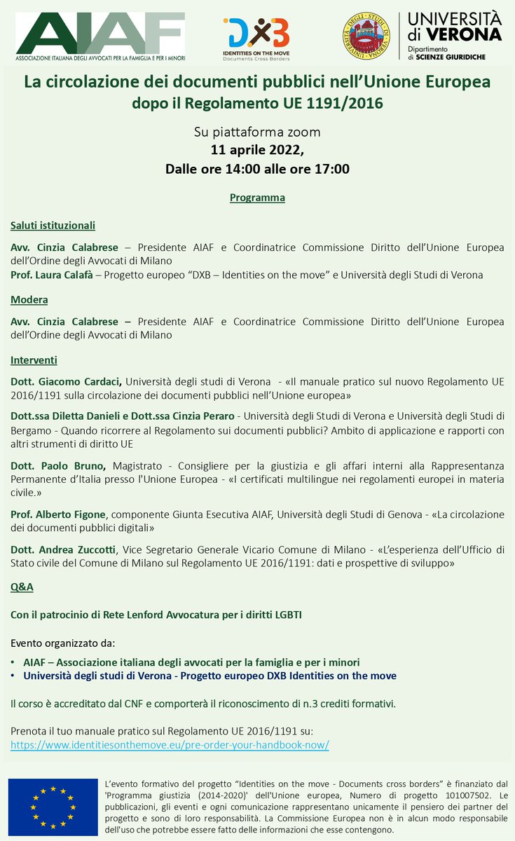 📌 The second training of the EU-funded project “Identities on the move – Documents cross borders – DXB” will take place on April 11th, from 2 PM to 5 PM online. 

Click here for details: aiaf-avvocati.it/evento.php?eve…