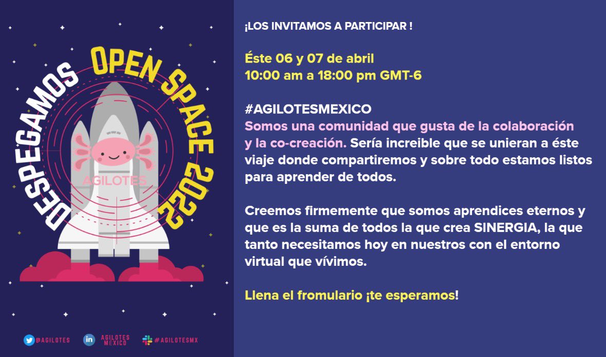deadilote's tweet photo. Comunidad ágil, nos da mucho gusto invitarlos a un evento preparado con cariño y dedicación preparado por @agilotes 

Se llevará a cabo este 06 y 07 de Abril. 

(1/2) https://t.co/wj65k1uMRH