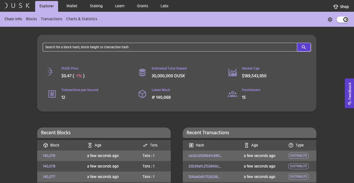 DuskFoundation's tweet photo. Interaction with our public Block Explorer opens up a world of testnet statistics, including transaction numbers, block times, and total numbers of blocks added to the chain ⛓️

Follow along as our numbers grow and our features expand!
👉 https://t.co/DCi2ueYxUW https://t.co/gzChy0O72L