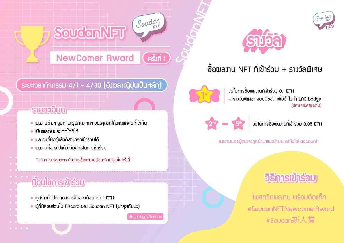 SoudanNFT NewComer Award ครั้งที่ 1❤️✨

กิจกรรมครั้งนี้ สำหรับcreatorsรายใหม่ที่มีปริมาณการซื้อขายน้อยกว่า 1 ETH 

โพสทวีตผลงาน พร้อมติดแท็ก 
#SoudanNFTNewcomerAward
#Soudan新人賞

หมดเขตสิ้นเดือนนี้~
มาเข้าร่วม discord.gg/Soudan กันนะ✨

↓ ดูรายละเอียดเพิ่มเติมในรูปนะคะ