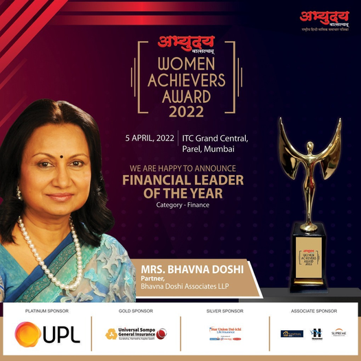 avmagazineindia's tweet photo. We are pleased to announce that Bhavna Doshi Associate's Partner, Mrs. @Beadyji has been chosen for "Financial Leader Of The Year" award. This award will be given to her tomorrow at Abhyuday Vatsalyam #WomenAchieversAward @ ITC Grand Central, Parel, Mumbai. https://t.co/DNlX71fNkR