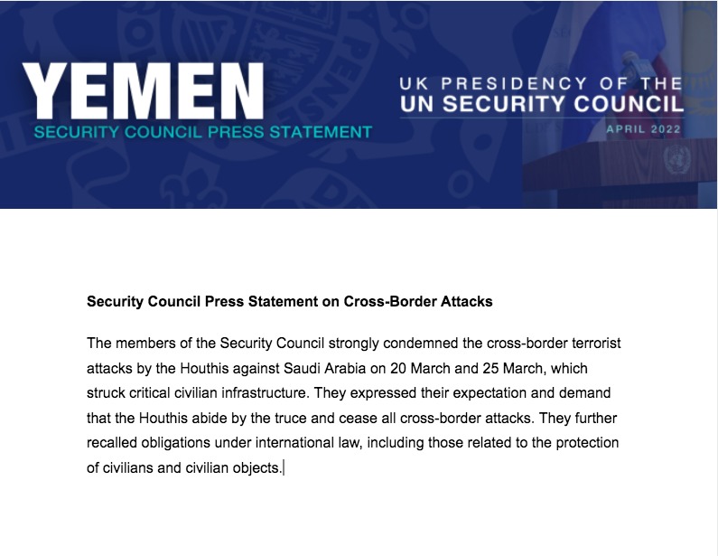 UKUN_NewYork's tweet photo. Security Council members issue a further press statement on #Yemen condemning the cross-border terrorist attacks by the Houthis against Saudi Arabia which struck critical civilian infrastructure👇 https://t.co/XetxqY9Cu3