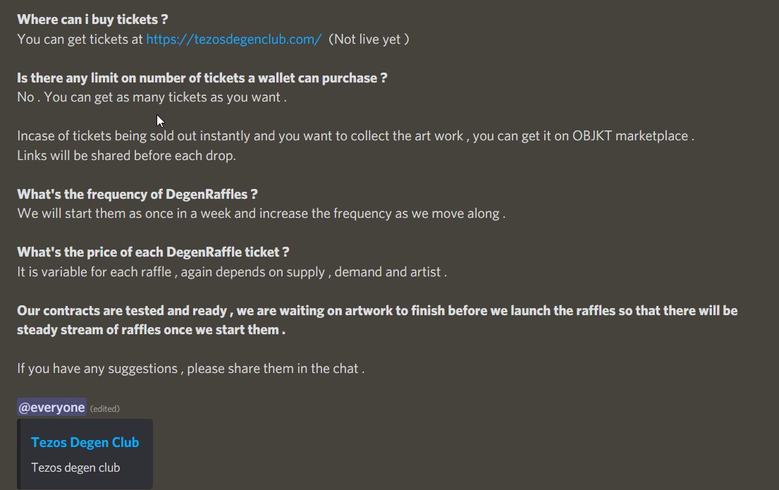 Degens 🥂 , here is all the info you need to know about #DegenRaffles 🎫from #TezosdegenClub .
If you want to see art done by your favorite artists on #TDC , please tag them in the comments . If you are an artist and interested in this collab , please DM us 🥂 
#Tezos #Art #NFT