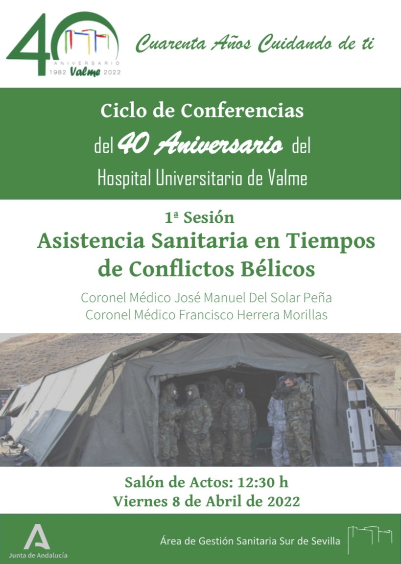 🤔 ¿Te interesa la Medicina Militar?

❗️ No te pierdas esta Conferencia sobre “Asistencia Sanitaria en Conflictos Bélicos”.

📆 Viernes 8 de Abril a las 1️⃣2️⃣:3️⃣0️⃣h en el Salón de Actos del Hospital de Valme <a href="/AGSSurSevilla/">AGS Sur de Sevilla</a> 

¡Os esperamos! 🎉