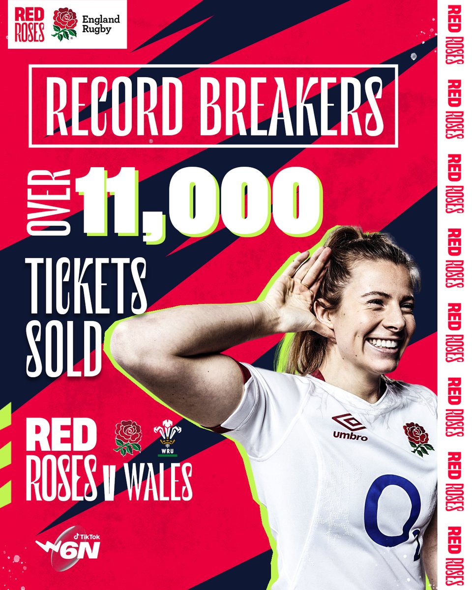 𝐀 𝐑𝐞𝐝 𝐑𝐨𝐬𝐞𝐬 𝐡𝐨𝐦𝐞 𝐫𝐞𝐜𝐨𝐫𝐝!

With over 𝟭𝟭,𝟬𝟬𝟬 tickets sold <a href="/gloucesterrugby/">Gloucester Rugby 🍒</a> for the #ENGvWAL game on Saturday, the attendance record will be broken for a non-World Cup #RedRoses home match.

Limited availability left 👉 bit.ly/ENGvWALTickets