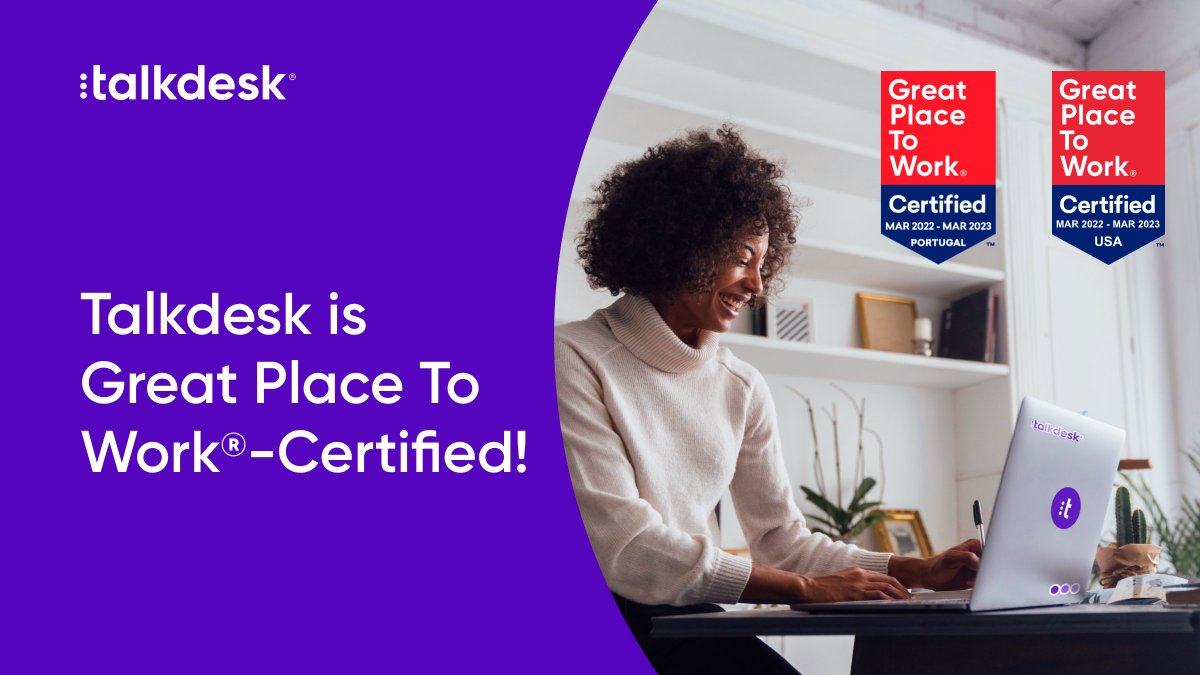 Our employees make Talkdesk the workplace it is! 💜 That's why we're proud to be named a #greatplacetowork by <a href="/GPTW_Portugal/">Great Place to Work Portugal</a> and <a href="/GPTW_US/">Great Place To Work Official</a>. Learn more about the recognition: bit.ly/3tK6abv #GPTW #workplaceculture