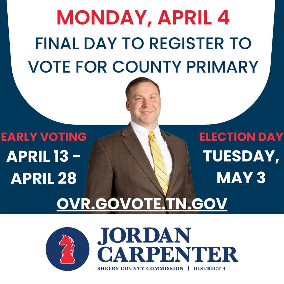 JCarpenterTN's tweet photo. If you want to vote in the Republican primary election, then you must register by the end of today.
Register here: https://t.co/ytiSCJ2MET
#CarpenterforCommissioner
#PrincipledConservative
#AuthenticRepublican https://t.co/FhNxYbBzL6