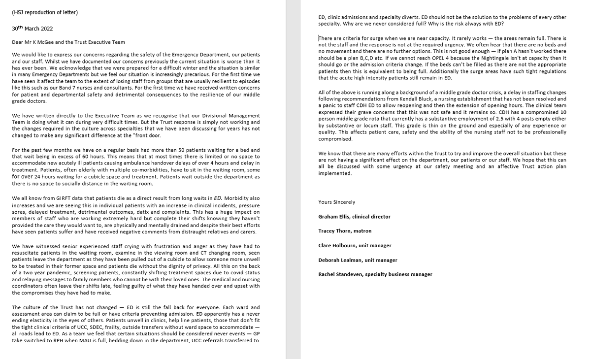 FULL letter from managers in the emergency service at Royal Preston:

-Staff left "crying with frustration &amp; anger"
-Routinely 50+ patients waiting for more than 2 days to be admitted
-Patients dying without dignity of privacy
-Rise in incidents, patient harm, pressure ulcers