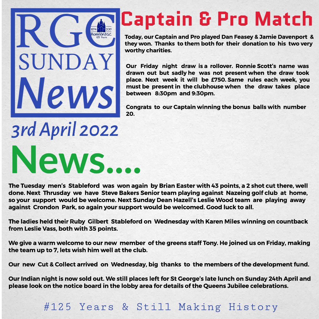 Romfordgolfclub's tweet photo. RGC’s Sunday news #sundayaddress #captainsspeech #rgc #traditionalgolfclub #tradition #125yearsandstillmakinghistory https://t.co/DSacBm0MYW