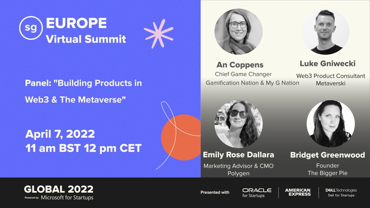 Check out this brilliant line-up for the <a href="/StartupGrind/">Startup Grind</a>  Road to Global Europe Virtual Summit this Thursday. Panel Discussion: “Building Products in #Web3 &amp; The #Metaverse" Don't forget to register - 
startupgrind.com/e/mpvsps
#startups #events #community #SGGlobal