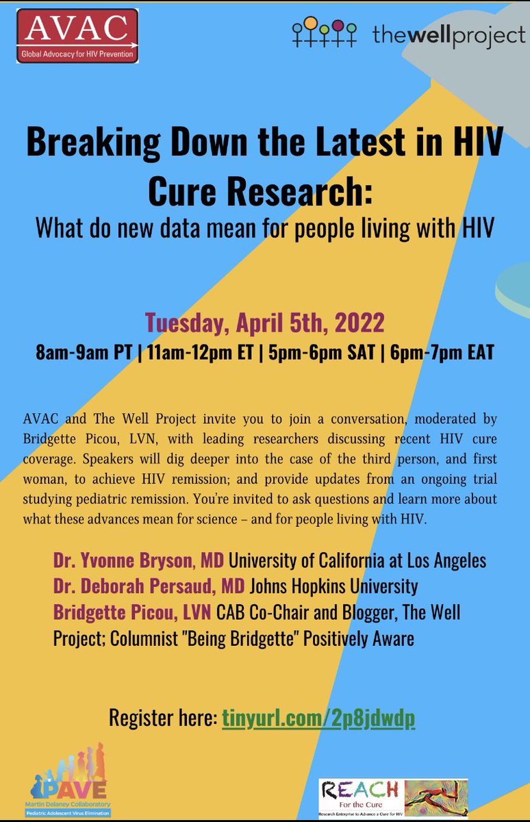 Tomorrow, <a href="/HIVpxresearch/">AVAC</a> and The Well Project are hosting a webinar on behalf of PAVE to discuss the latest case of HIV cure (NY woman) and updates on P1115, the trial replicating the Mississippi Child.
 
Registration: us06web.zoom.us/webinar/regist…