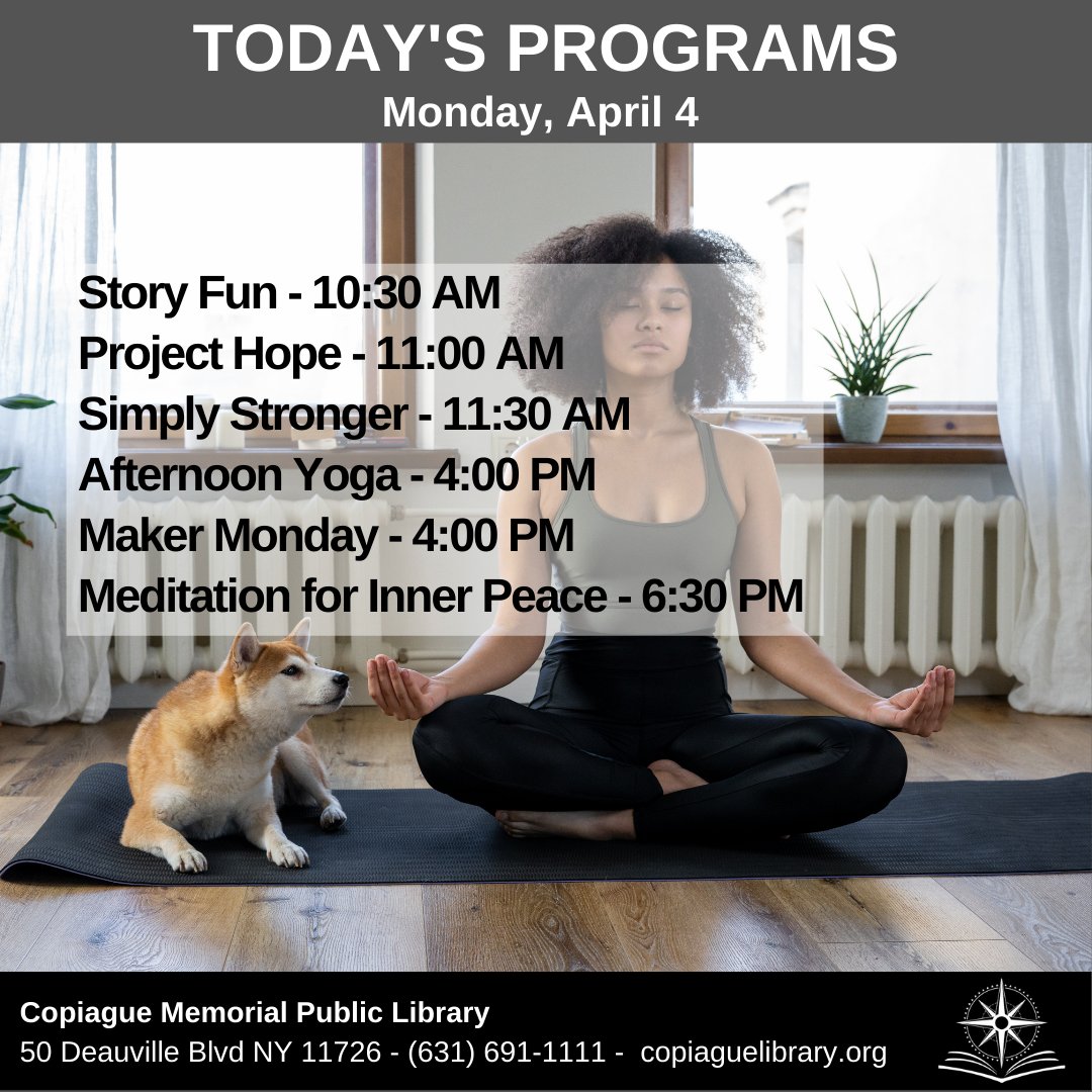 CopiagueLibrary's tweet image. Don&apos;t miss today&apos;s programs!
copiaguelibrary.org.

#CopiagueNY #CopiagueLibraryPrograms #Exercise #Meditation #ProjectHope