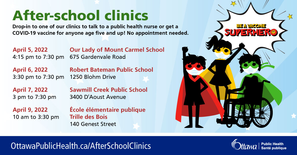OttawaHealth's tweet photo. After-School vaccination clinics are offering drop-in spots for 1st, 2nd &amp; 3rd doses for all ages (5+) for the COVID-19 vaccine.

Want to bring your child somewhere a bit more familiar? Try an After-school clinic!

Locations and schedule can be found here: https://t.co/9S6wMvegzx https://t.co/FsfF6vrBdd