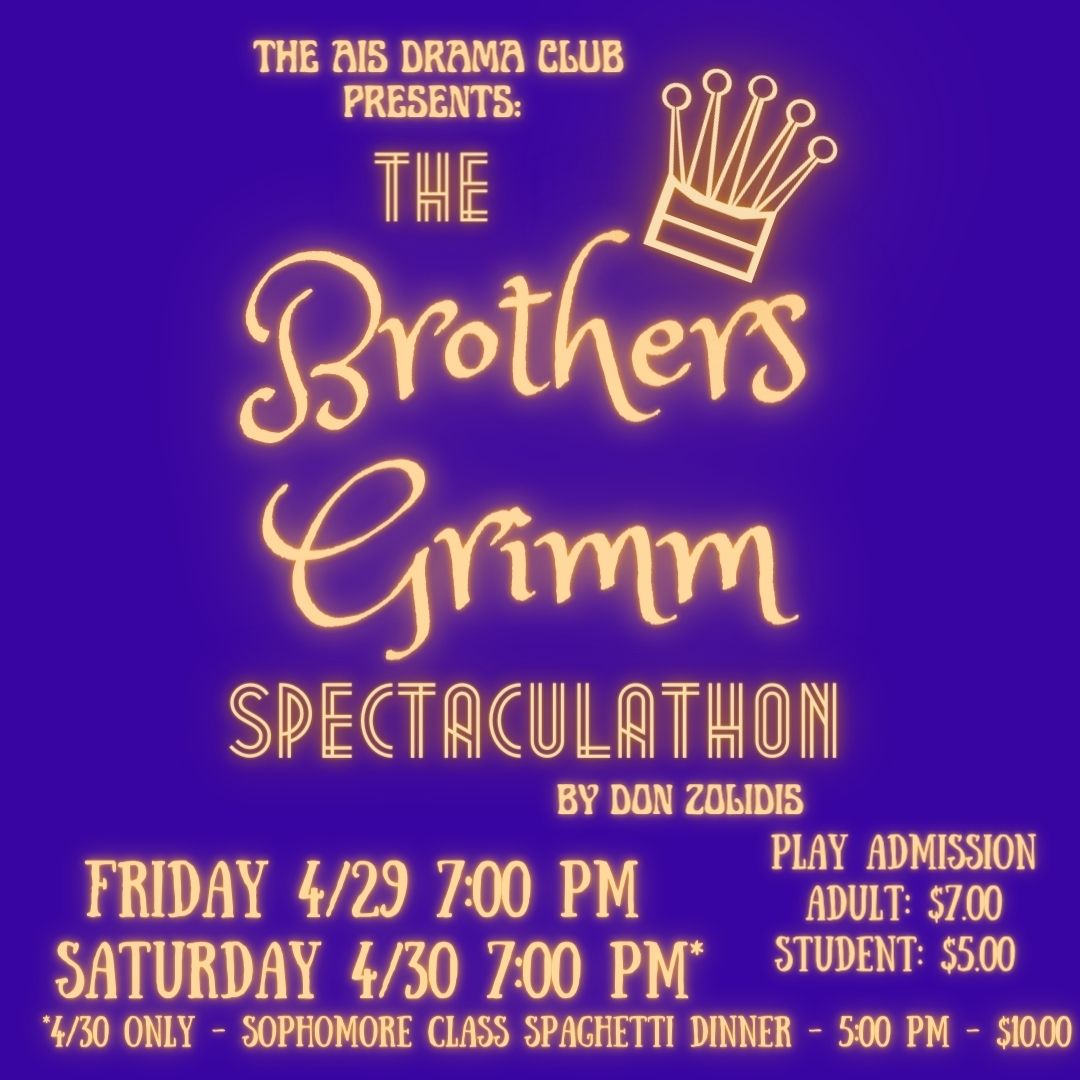 AugustaSchools's tweet photo. The Drama Club presents: The Brothers Grimm Spectaculathon! 4/29 &amp; 4/30 at 7:00 pm. Admission is $7-Adults, $5-Students. 

On 4/30, the Sophomore Class is hosting a spaghetti dinner at 5:00 pm. The cost is $10 per person. $15 Dinner &amp; a Show Combo tickets will be sold in advance. https://t.co/tq351gYQfm