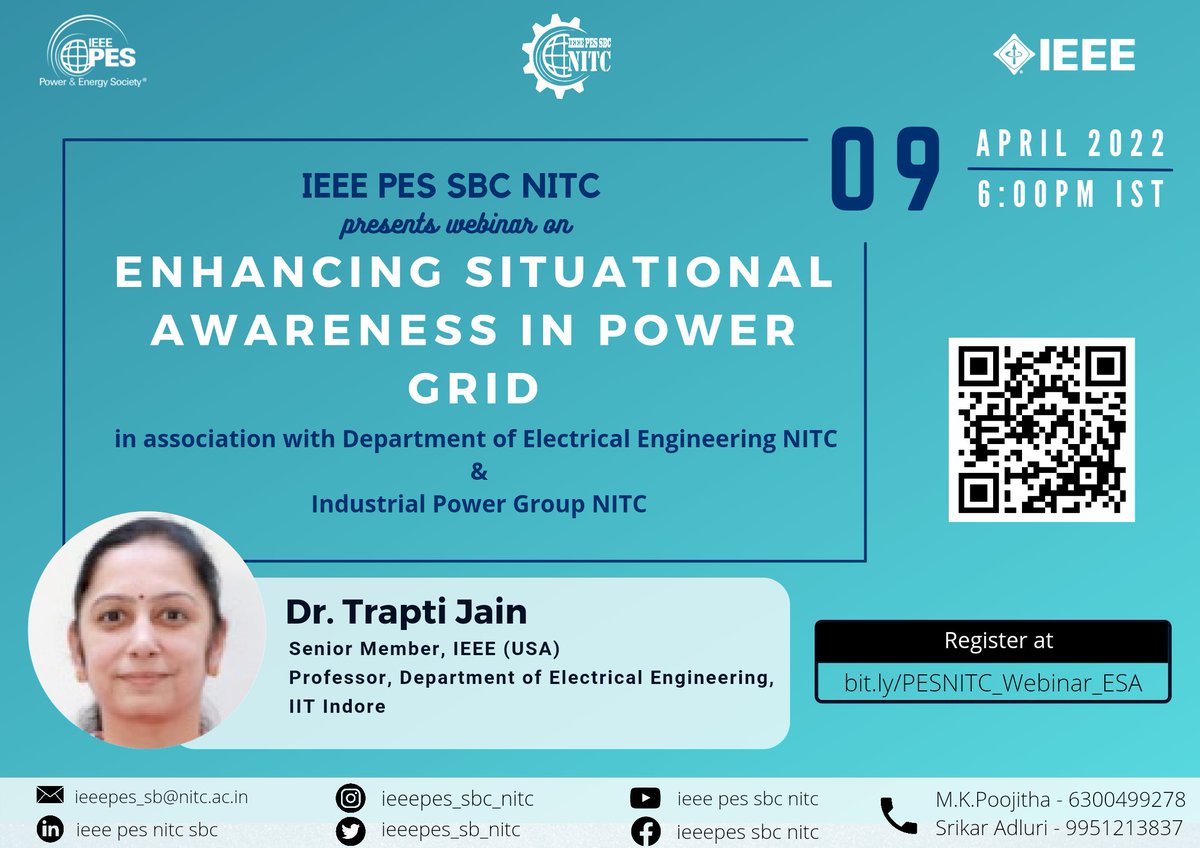 ieeepes_sb_nitc's tweet image. &quot;Webinar&quot; on:
&quot;Enhancing Situational Awareness in Power Grid&quot;

🗓 Saturday, 09th April 2022
⏱ 06:00 PM - 07:30 PM IST

✍🏼 Registration link 👇
bit.ly/PESNITC_Webina…

#ieee #ieeepes_sb_nitc #pes #kerala #powergrid #awareness #power #webinar #opportunity #electricalengineering