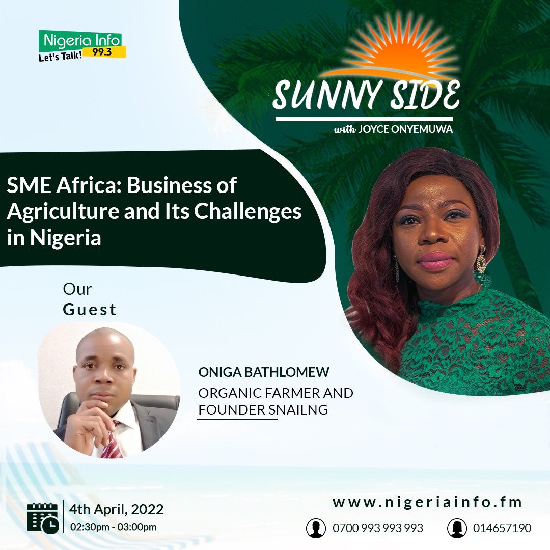 TheSMEAFRICA's tweet photo. Joins us on ⁦@NigeriainfoFM⁩ with an organic farmer, as we discuss price of food and SMEs. https://t.co/xzpLxJzeBm