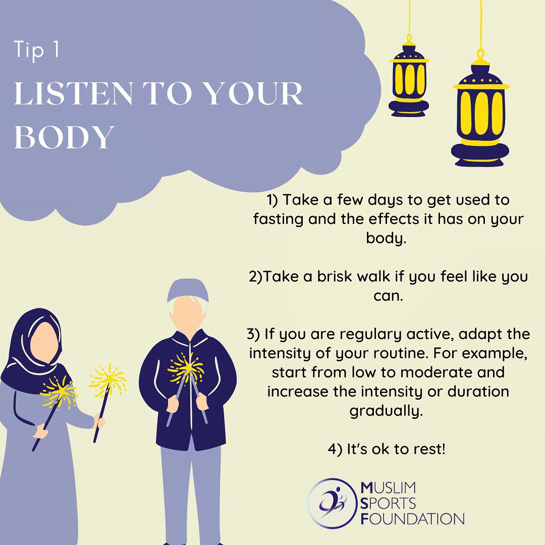 We hope everyone’s Ramadan is going well.

Remember that your body is going through many changes so make sure you listen to it! 

#ramadantips #health #muslimsportsfoundation #fasting #bythecommunityforthecommunity