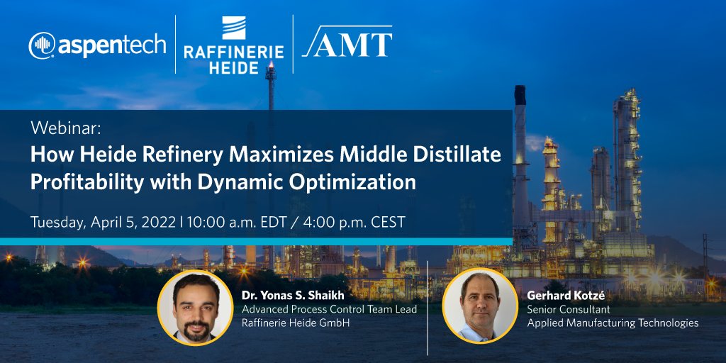 AspenTech's tweet photo. One of the most complex refineries in Europe, Heide #Refinery was looking to further improve its operational agility to respond faster to changing conditions.
Join us tomorrow to find out how implementing #AspenGDOT helped: https://t.co/2SoybnXhWq
🗓️ April 5 | 10:00 AM EDT https://t.co/U7VoIBt2RL
