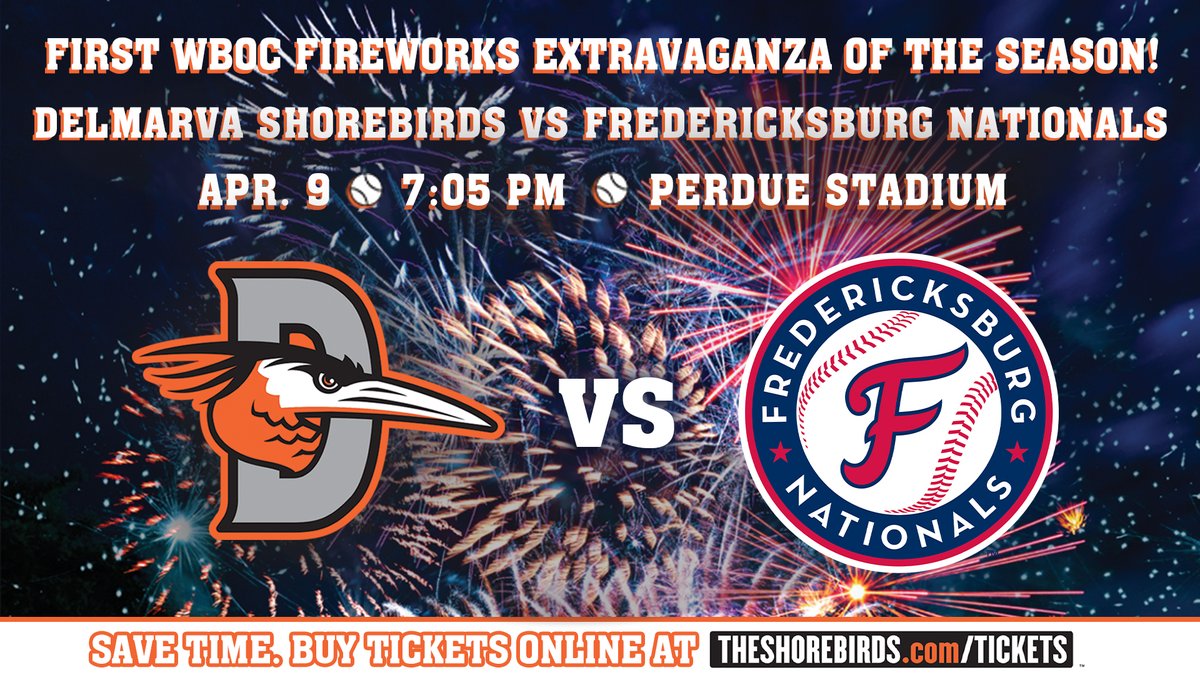 shorebirds's tweet photo. THIS SATURDAY, the Shorebirds first WBOC Fireworks Extravaganza is back with the best fireworks show on Delmarva! Save time, buy YOUR tickets online 👇

Buy Tickets 👉 https://t.co/Yu9DxMYBKP

#FlyTogether | #Birdland https://t.co/66dbN6ulp6