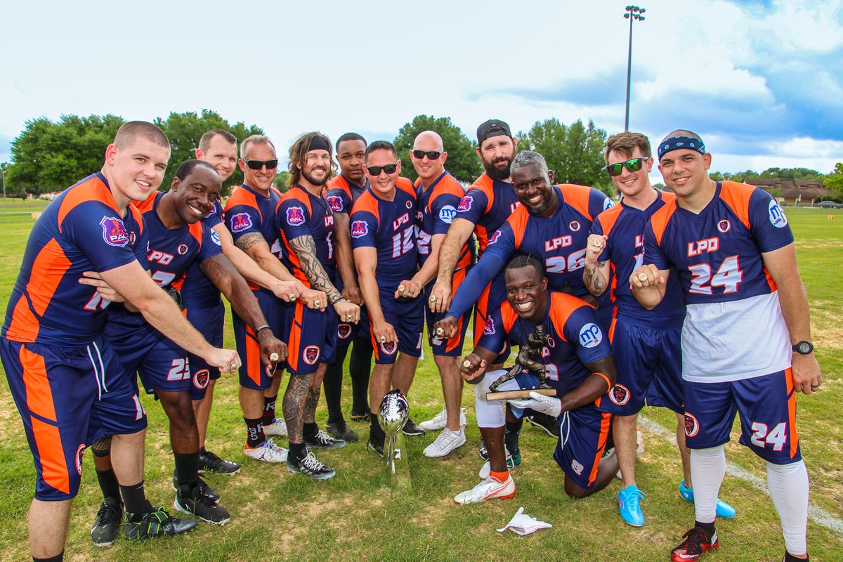 LakelandPD's tweet photo. Team #LakelandPD once again took home the hardware at the 2nd Annual Battle of the Badges Flag Football challenge after battling PCSO in the final round! 
We want to thank @LakelandFD, @WHPoliceDept, and @PolkCoSheriff for participating, all benefitting Lakeland PAL. https://t.co/6nwoVswWHz