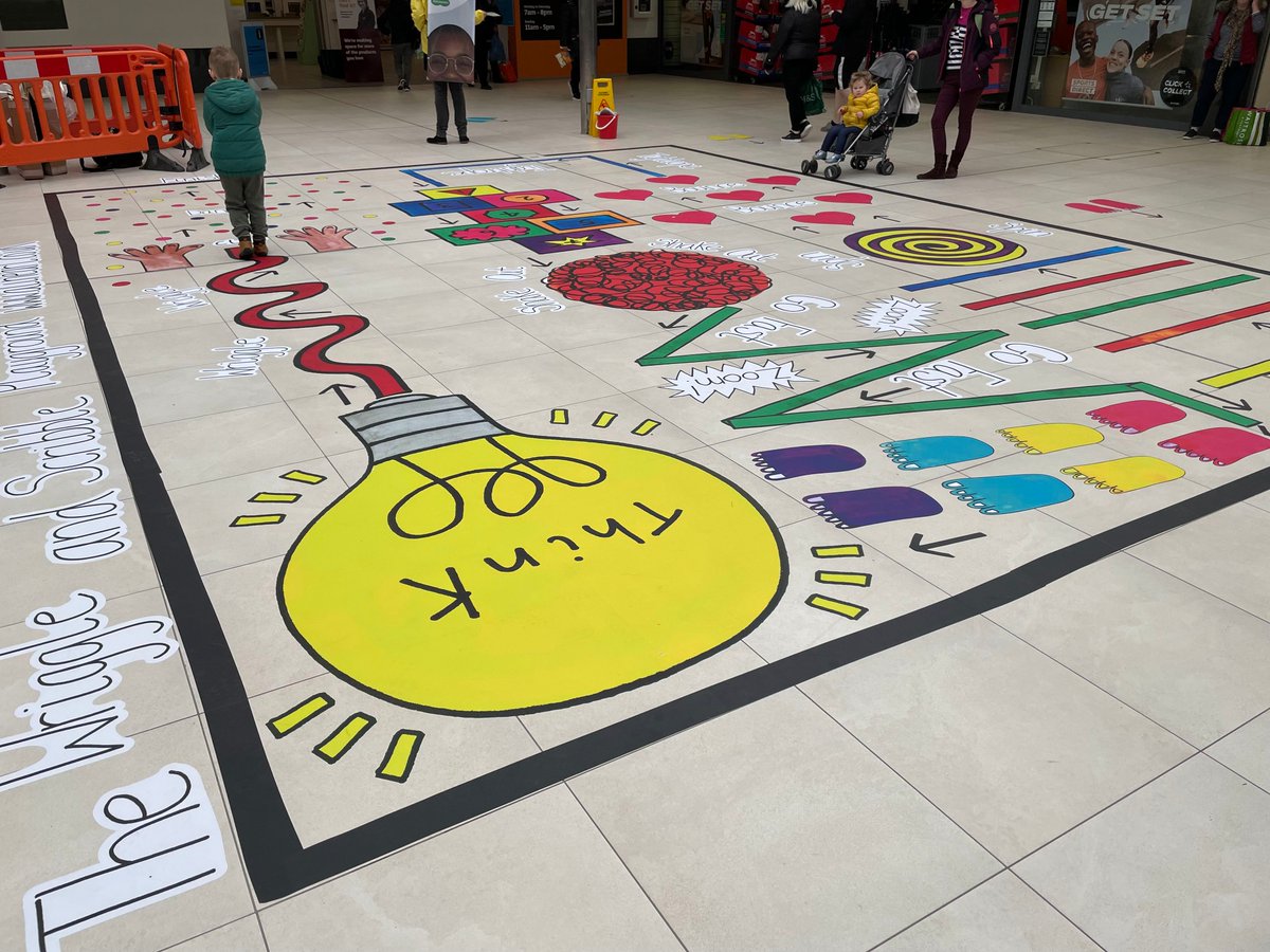Woohoo! Our NEW Wriggle and Scribble Playground at Woking Shopping Centre is now OPEN! Looking gorgeous and ready for playtime! Do go and have a bop, jump, wriggle, dance @Dance21Surrey @wokingcouncil @vp_woking #wsplayground #alineart #free #easterholidays #familyarts #streetart