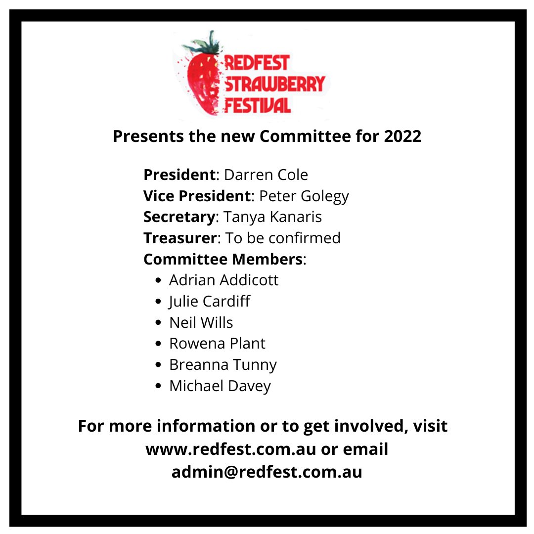 RedFest_'s tweet photo. redfeststrawberryfestival Please help us welcome the new Committee for 2022 #redfest #redfeststrawberryfestival #redfestfestival #redfest2022 #redfestcommittee https://t.co/ci3mFcyedM
