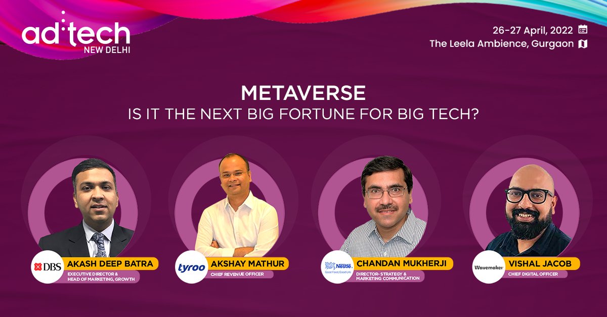 ad:tech New Delhi (@adtechindia) on Twitter photo Join the pros <a href="/AkashDeepBatra/">Akash Deep Batra</a>, <a href="/Akshay1979/">Akshay</a>, Chandan Mukherji & <a href="/vishaljacob/">vishaljacob</a> as we explore the challenges and possibilities of Metaverse for brands in 2022.
Passes: bit.ly/3IBXsCl
26-27 April 2022
The Leela Ambience, Gurugram
#dbs #tyroo #nestle #wavemaker #adtech2022 Join the pros <a href="/AkashDeepBatra/">Akash Deep Batra</a>, <a href="/Akshay1979/">Akshay</a>, Chandan Mukherji & <a href="/vishaljacob/">vishaljacob</a> as we explore the challenges and possibilities of Metaverse for brands in 2022.
Passes: bit.ly/3IBXsCl
26-27 April 2022
The Leela Ambience, Gurugram
#dbs #tyroo #nestle #wavemaker #adtech2022