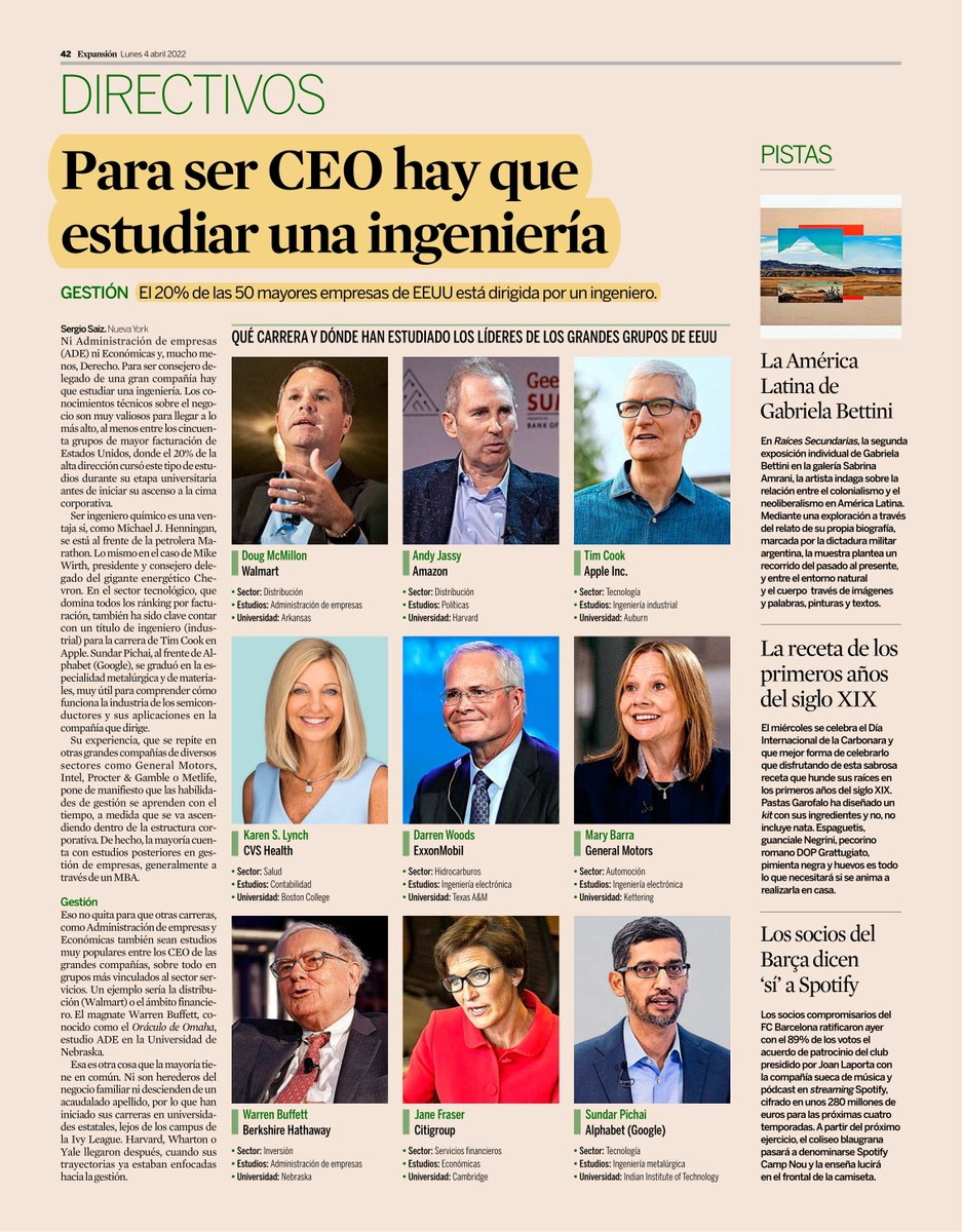 jcbrecio's tweet photo. El 20% de las 50 mayores empresas de EEUU está dirigida por un ingenier@. More than 30% of Fortune 500 CEOs have a degree in engineering. They outnumber MBA holders by a distance.
https://t.co/KKiPmcDk7X https://t.co/7dZQjIlVrP