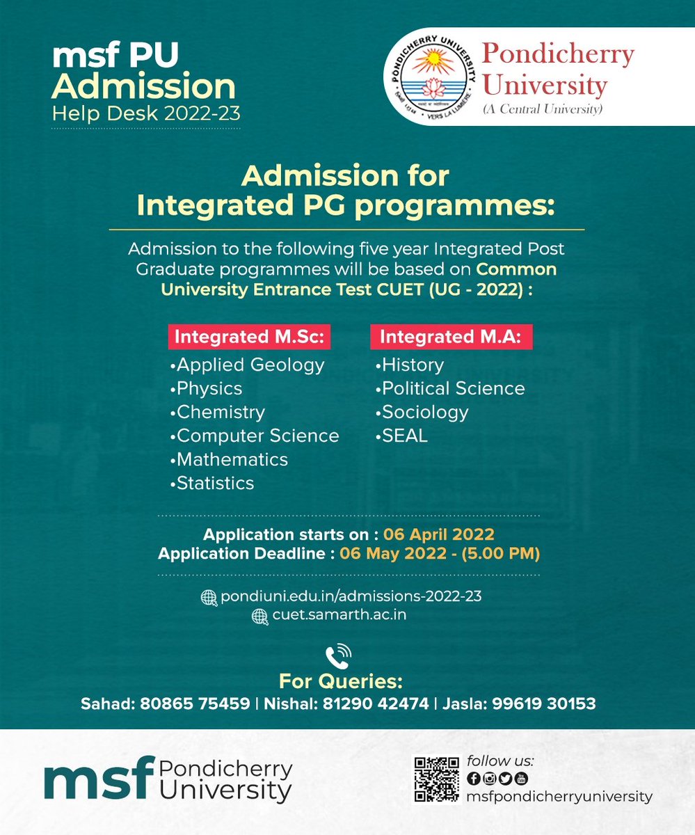 msf_pondiuni's tweet photo. Admissions to 5 Year Integrated PG Programmes will be based on Common University Entrance Test - CUET (UG) 2022.
#pondicherryuniversity #msfpondicherryuniversity #Cuet https://t.co/JF9XoCwbKv
