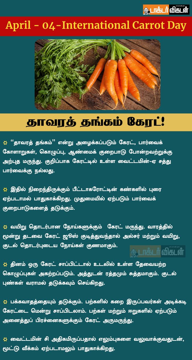 DoctorVikatan's tweet photo. தாவரத் தங்கம் கேரட்!

#Carrot | #InternationalCarrotDay | #Health | #Tips https://t.co/OZs8QwWHoi